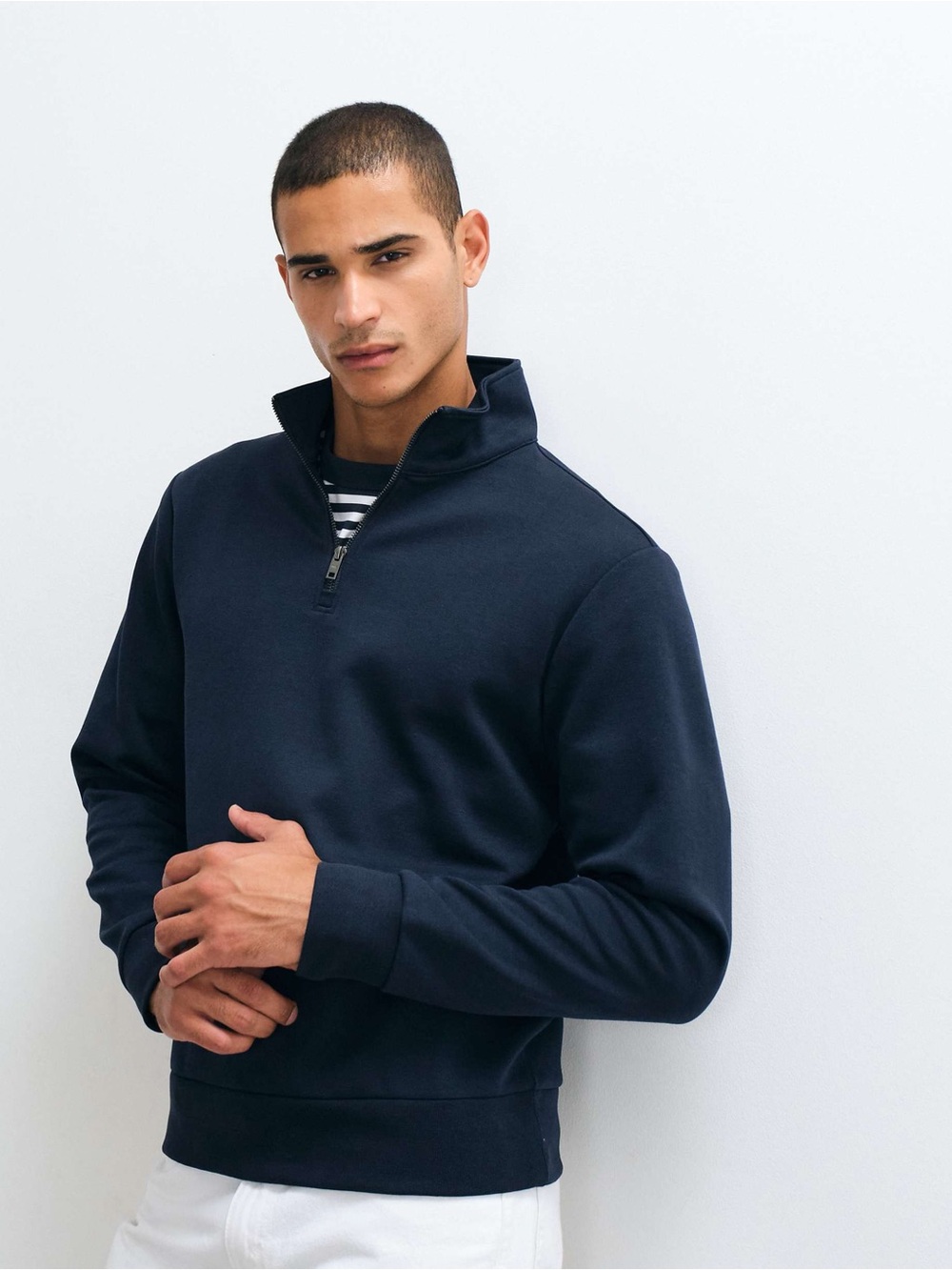 Mango cotton rich quarter zip sweatshirt in navy